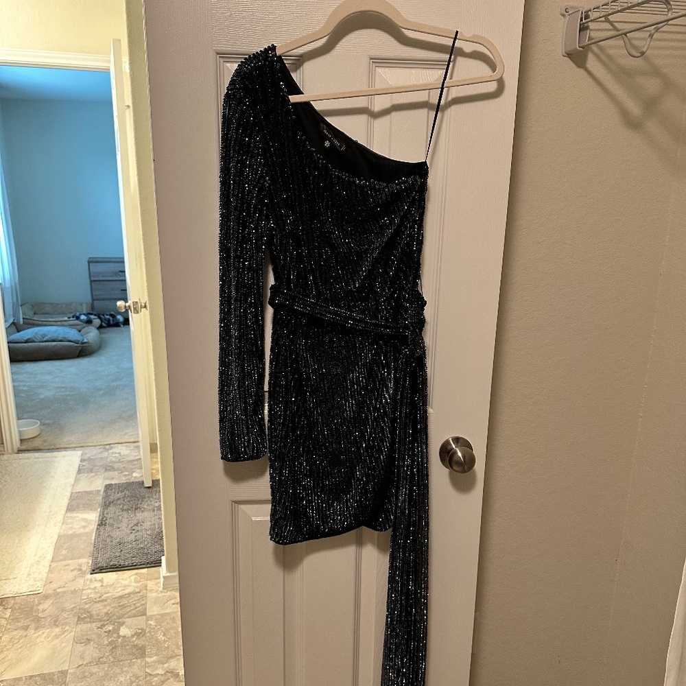 ASOS one shoulder asymmetric draped mini dress in blue sequin